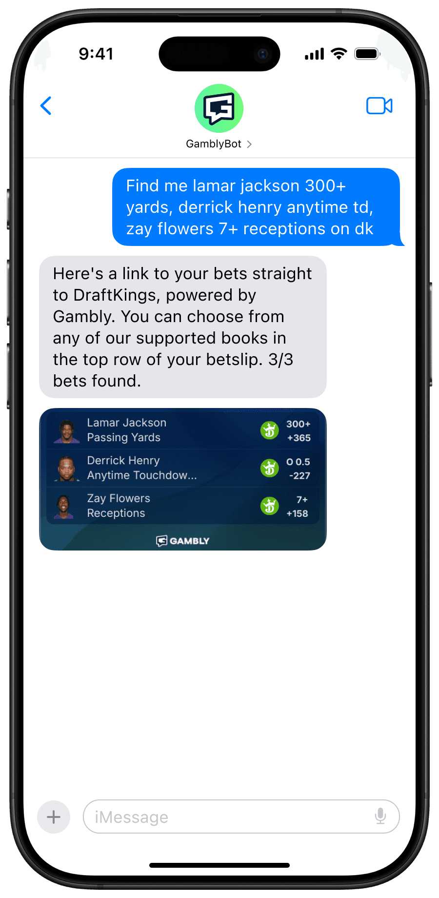 GamblyBot iMessage conversation screenshot